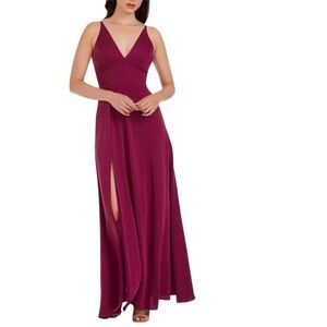 Dress The Population Magenta Red Parker V-Neck Crepe Split Side Gown Size XS